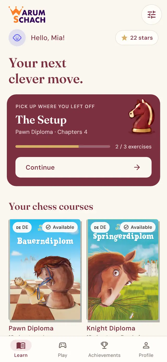Home screen of the WarumSchach app with the courses