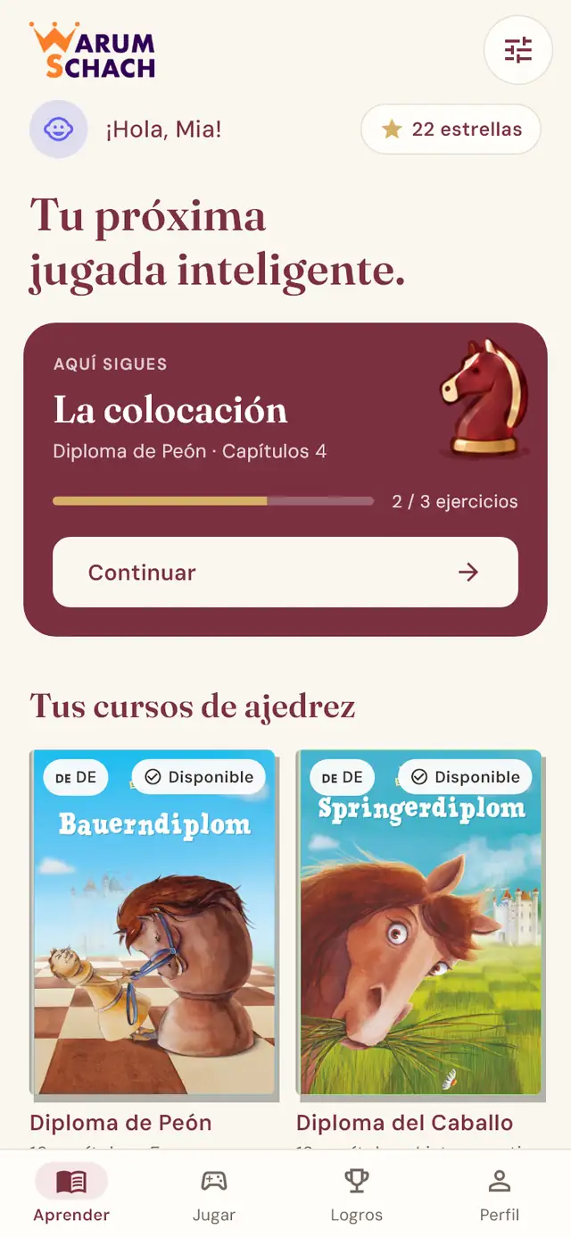 Pantalla de inicio de la app WarumSchach con los cursos